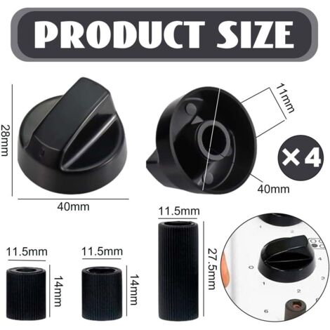 4-Piece Universal Cooker Knob Set, with Three Different Size Adapters, for All Brands of Ovens, Cookers and Hobs (Black) (1/4)