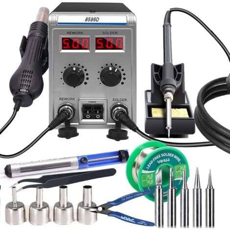 2-in-1 Hot Air Soldering Station and Soldering Iron 8586D, Hot Air Repair Station, Desoldering Station, Soldering Station with USB Charging Port, Adjustable Temperature from 100 to 500 °C, for Electro