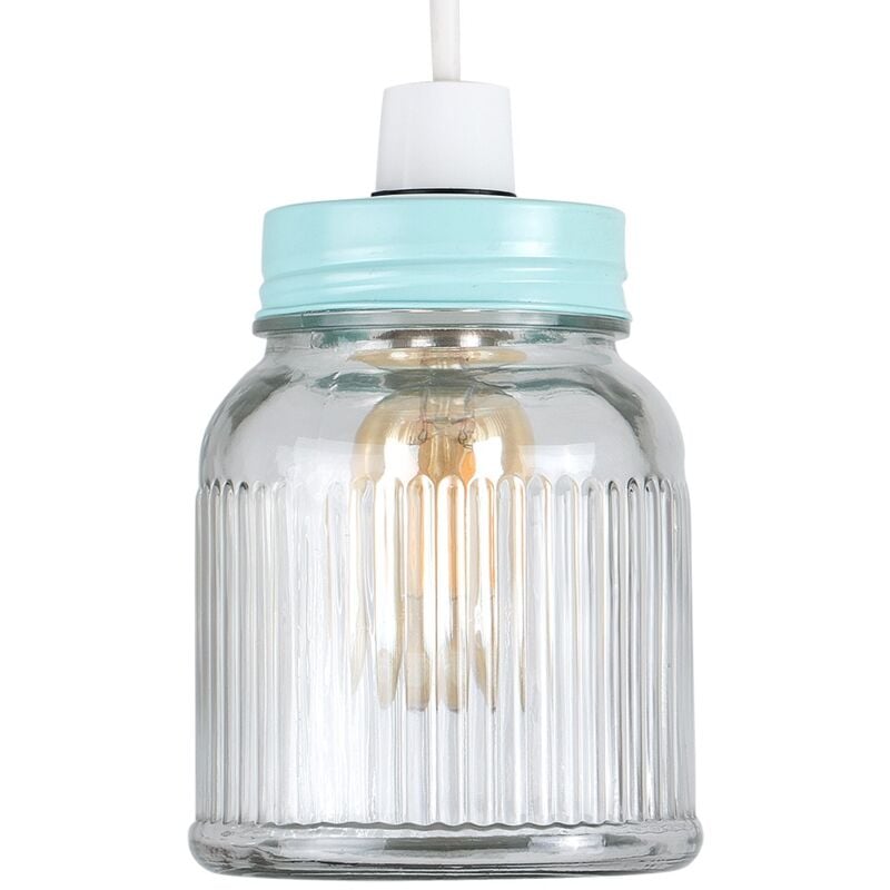 Retro Style Duck Egg Blue and Clear Glass Ribbed Pattern Design Jar Ceiling Pendant Light Shade