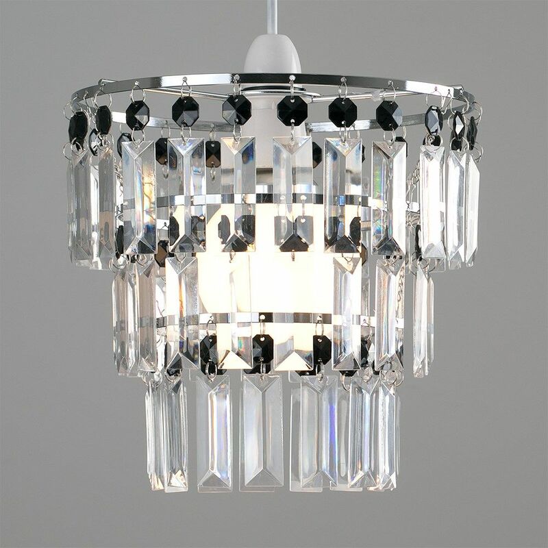 Pair of Modern 3 Tier Ceiling Pendant Light Shades with Clear Acrylic Jewel Effect Droplets 