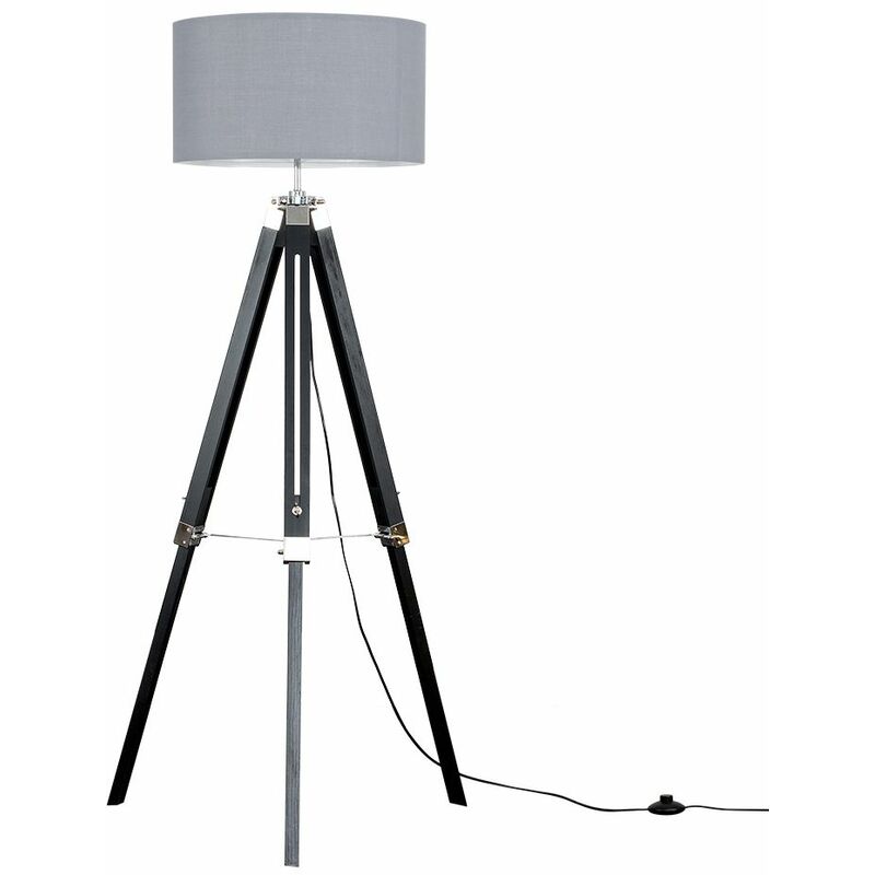 Tripod Table Lamp In Black With Drum, Black Tripod Floor Lamp With Grey Shade