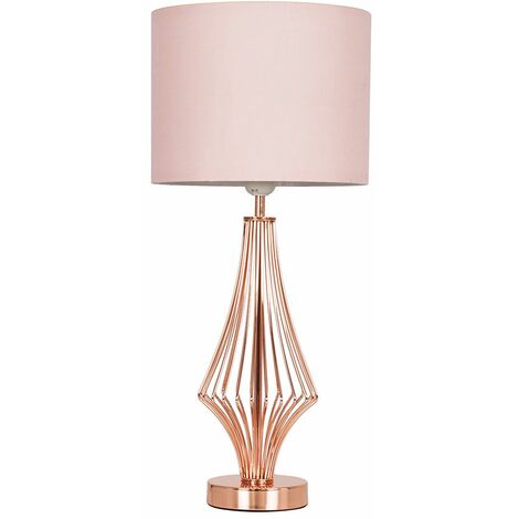 Copper Metal Wire Geometric Diamond Table Lamp With Drum Shade - Pink