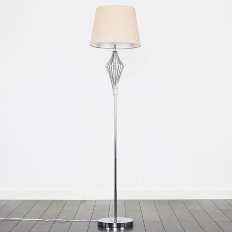 Jaspa Polished Chrome Metal Wire Geometric Diamond Design Floor Lamp with Beige Shade