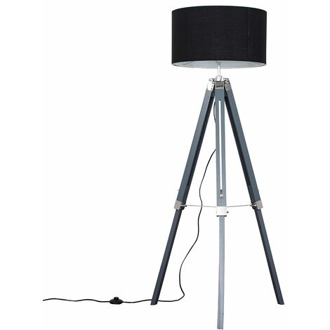 Grey & Chrome Tripod Floor Lamp with Drum Shade - Black