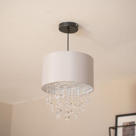 Lulu Easy Fit Grey Fabric Acrylic Jewel Droplet Drum Ceiling Light Shade