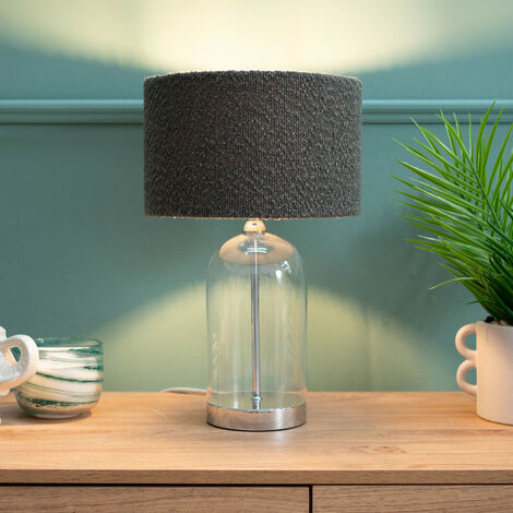 Jessy Glass and Silver Chrome Metal Bedside Table Lamp with a Charcoal Grey Boucle Lampshade