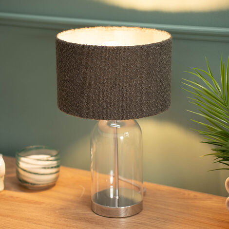 Jessy Glass and Silver Chrome Metal Bedside Table Lamp with a Charcoal Grey Boucle Lampshade