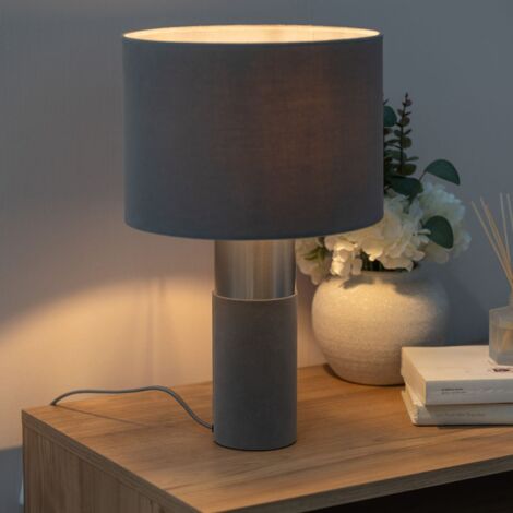 Alexa Charcoal Grey Velvet and Silver Chrome Bedside Table Lamp with a Drum Lampshade