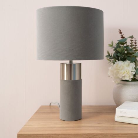 Alexa Charcoal Grey Velvet and Silver Chrome Bedside Table Lamp with a Drum Lampshade
