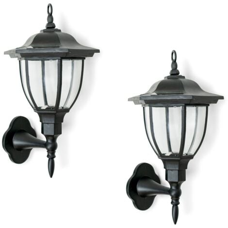 Pack of 2 Traditional Black Lantern Solar Wall Lights Outdoor Garden Fence Solar Lights