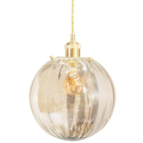 Chessy Amber Tinted Ribbed Glass Globe Easy Fit Ceiling Light Shade - LED Bulb Included