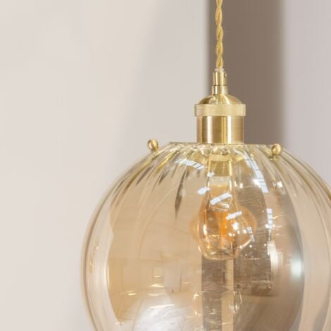 Chessy Amber Tinted Ribbed Glass Globe Easy Fit Ceiling Light Shade - LED Bulb Included