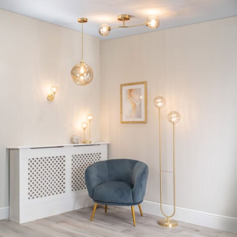Chessy Amber Tinted Ribbed Glass Globe Easy Fit Ceiling Light Shade - LED Bulb Included