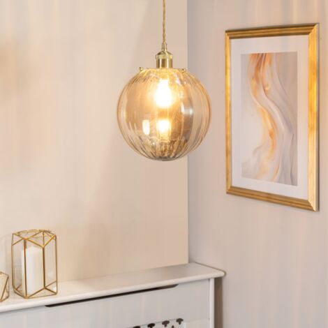 Chessy Amber Tinted Ribbed Glass Globe Easy Fit Ceiling Light Shade - LED Bulb Included