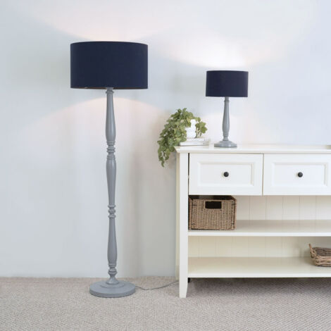Victoria Traditional Grey Wood Candlestick Table Lamp with Navy Blue Drum Shade