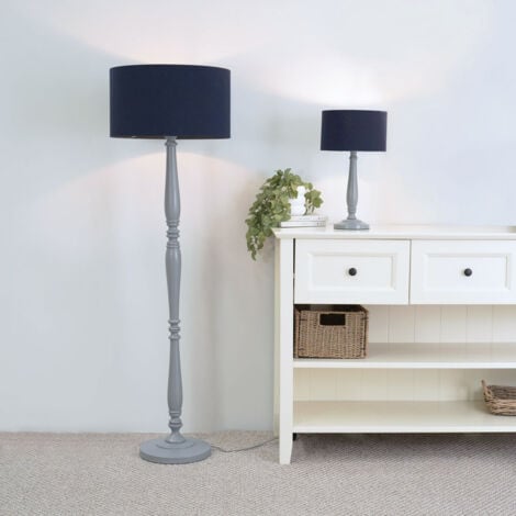 Victoria Traditional Grey Wood Candlestick Table Lamp with Navy Blue Drum Shade