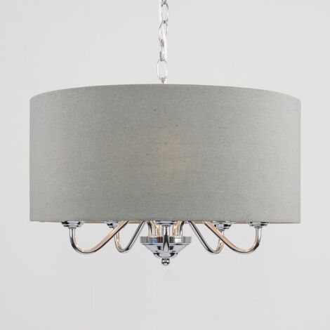 Rocha 5 Way Chrome Silver Pendant Ceiling Light Grey Linen Shade