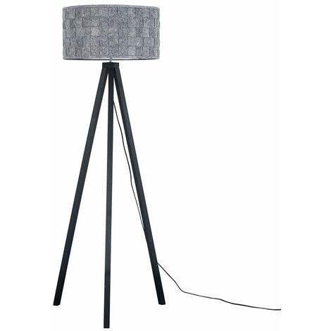 Black Wood Tripod Floor Lamp Grey Felt Weave Light Shade - No Bulb