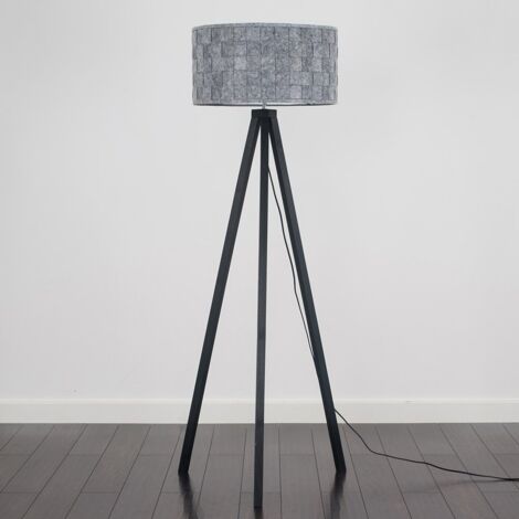 Modern Black Wood Tripod Floor Lamp With Grey Weave Fabric Shade