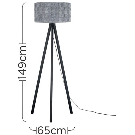Modern Black Wood Tripod Floor Lamp With Grey Weave Fabric Shade