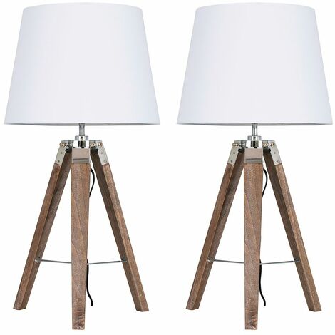 2 x Wood & Chrome Tripod Table Lamps With White Light Shades - White