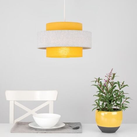 Weaver Pair of Modern Ceiling Pendant Light Shades In Mustard and Grey Herringbone Finish