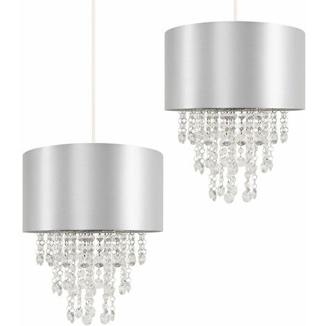 2 x Ceiling Pendant Light Shades with Clear Acrylic Jewel Droplets - Grey - No Bulb