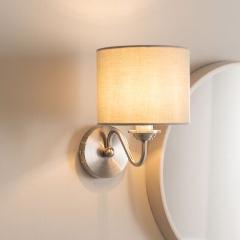 Rocha Pair of Modern Chrome Curved Arm Wall Light Fittings with Grey Linen Drum Shades