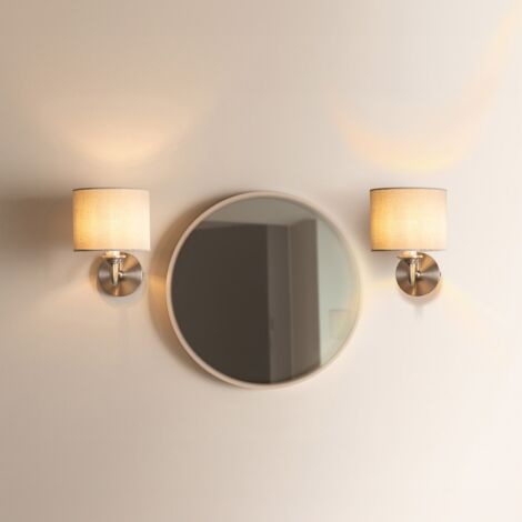 Rocha Pair of Modern Chrome Curved Arm Wall Light Fittings with Grey Linen Drum Shades