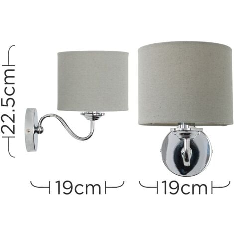 Rocha Pair of Modern Chrome Curved Arm Wall Light Fittings with Grey Linen Drum Shades