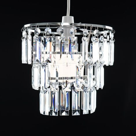 Complete with a 10w LED GLS Bulb 3000K Warm White Modern Silver Glitter Cylinder Ceiling Pendant Light Shade with Clear Acrylic Jewel Droplets 
