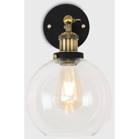 Sheridan Pair of Industrial Black and Gold Wall Light Fittings with Clear Glass Globe Shades
