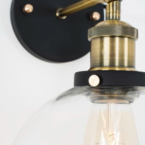 Sheridan Pair of Industrial Black and Gold Wall Light Fittings with Clear Glass Globe Shades