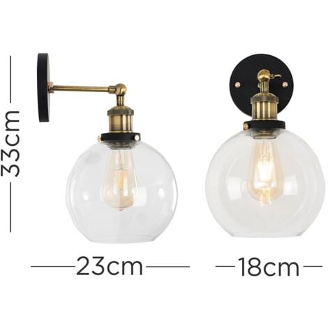 Sheridan Pair of Industrial Black and Gold Wall Light Fittings with Clear Glass Globe Shades