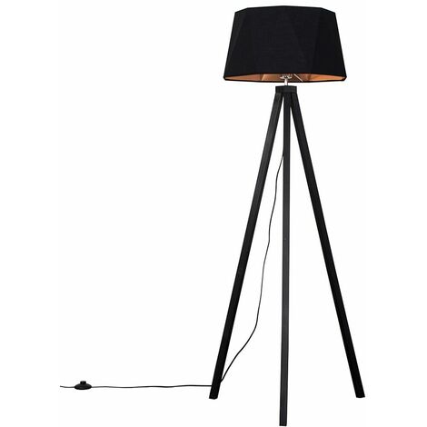 Black Wood Tripod Floor Lamp Matt Black/Copper Geometric Shade - No Bulb