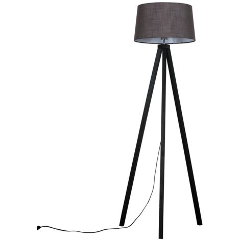Modern Black Wood Tripod Floor Lamp With Grey Shade