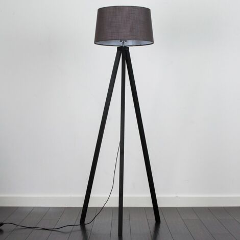 Modern Black Wood Tripod Floor Lamp With Grey Shade