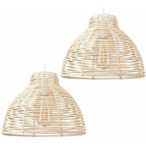 2 x Cream Wicker Rattan Basket Ceiling Pendant Light Shades