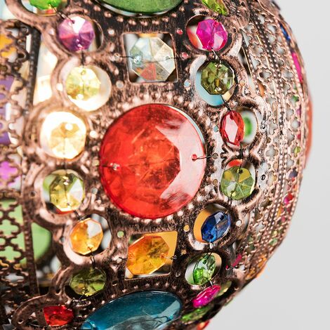 Traditional Moroccan Bazaar Style Bronze Chandelier Ceiling Light Pendant Shade with Beautiful Multi-Coloured Acrylic Jewel Droplets 
