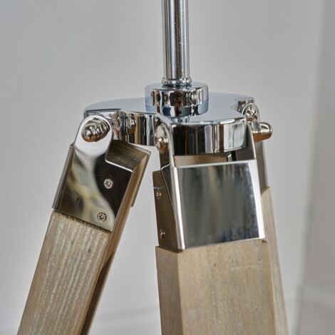 Clipper Distressed Wood and Silver Chrome Tripod Floor Lamp with Grey Felt Weave Light Shade