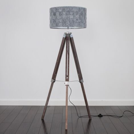Clipper Distressed Wood and Silver Chrome Tripod Floor Lamp with Grey Felt Weave Light Shade