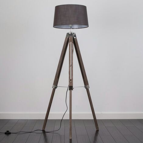 Clipper Modern Distressed Wood and Silver Chrome Tripod Floor Lamp with Grey Shade