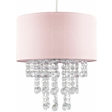 Pink Ceiling Pendant Light Shade with Clear Acrylic Jewel Droplets - No Bulb
