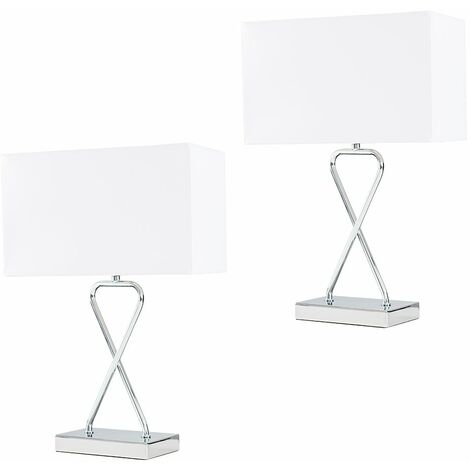 2 x Chrome Table Lamps + White Rectangular Shade - No Bulbs