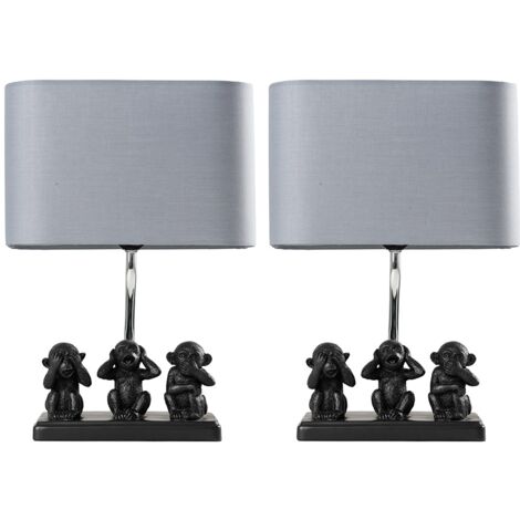 2 x Black Three Wise Monkeys Table Lamps Grey Shade - Add LED Bulbs