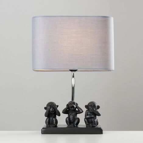 2 x Black Three Wise Monkeys Table Lamps Grey Shade - Add LED Bulbs