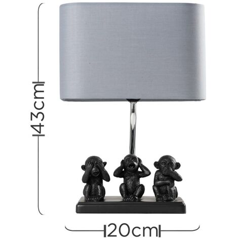 2 x Black Three Wise Monkeys Table Lamps Grey Shade - Add LED Bulbs