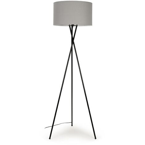 Floor Lamp Tripod Camden Light in Black with Cylinder Lampshade - Cool Grey