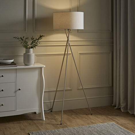 Camden Modern Brushed Chrome Metal Tripod Floor Lamp with Pale Grey Shade