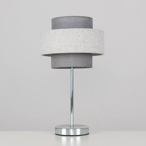Weaver Pair of Polished Chrome Touch Bedside Table Lamps with Grey Herringbone Shades